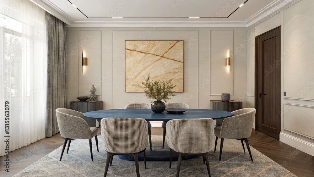 Modern dining area with a blue oval table, textured chairs, and a beige abstract painting, offering a sophisticated yet inviting aesthetic. Modern dining area with a blue oval table, textured chairs, and a beige abstract painting, offering a sophisticated yet inviting aesthetic.