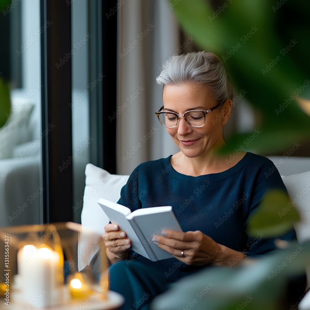 Mature Caucasian woman with gray hair and glasses reading book at home. Cozy evening atmosphere with candlelight, wearing navy blue sweater, relaxing on comfortable sofa. Mature Caucasian woman with gray hair and glasses reading book at home. Cozy evening atmosphere with candlelight, wearing navy blue sweater, relaxing on comfortable sofa.