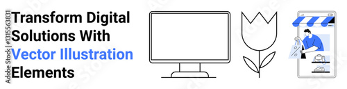 Desktop monitor, minimal flower design, e-commerce shopfront, person designing on tablet. Ideal for tech, e-commerce, creativity, graphic design, innovation branding flat landing page banner