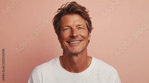 minimalistic portrait of adult caucasian softly smiling man is 40 years old wearing white T-shirt on beige pink color background