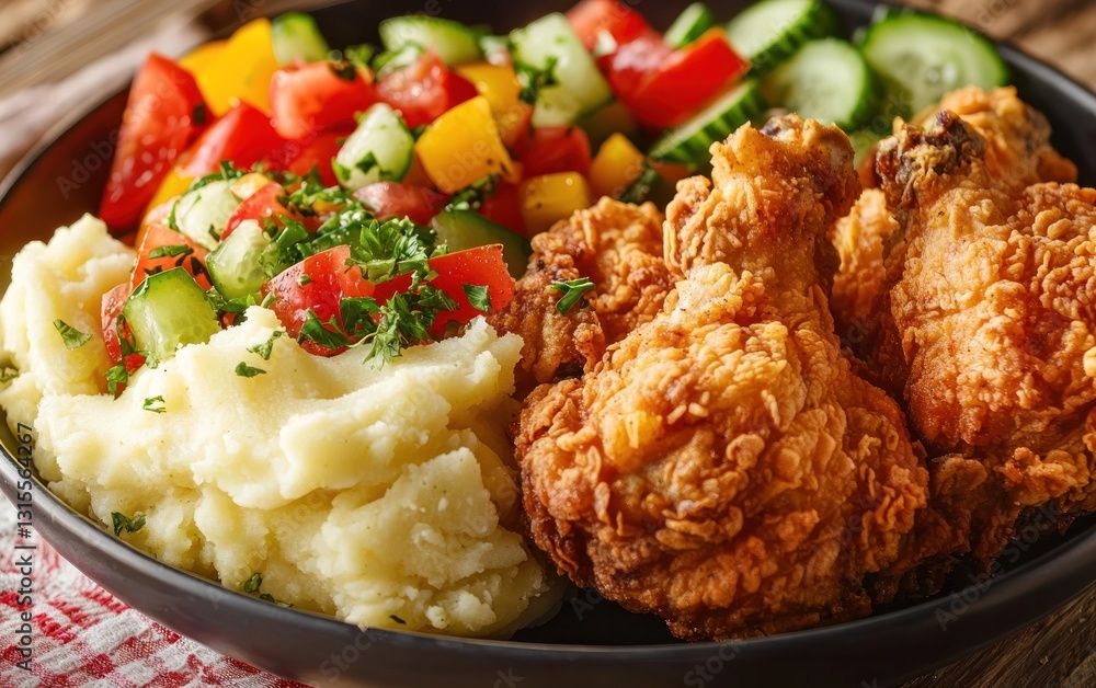 Crispy fried chicken drumsticks served with creamy mashed potatoes and a fresh vegetable salad. Close-up view shows delicious textures and appetizing colors Crispy fried chicken drumsticks served with creamy mashed potatoes and a fresh vegetable salad. Close-up view shows delicious textures and appetizing colors