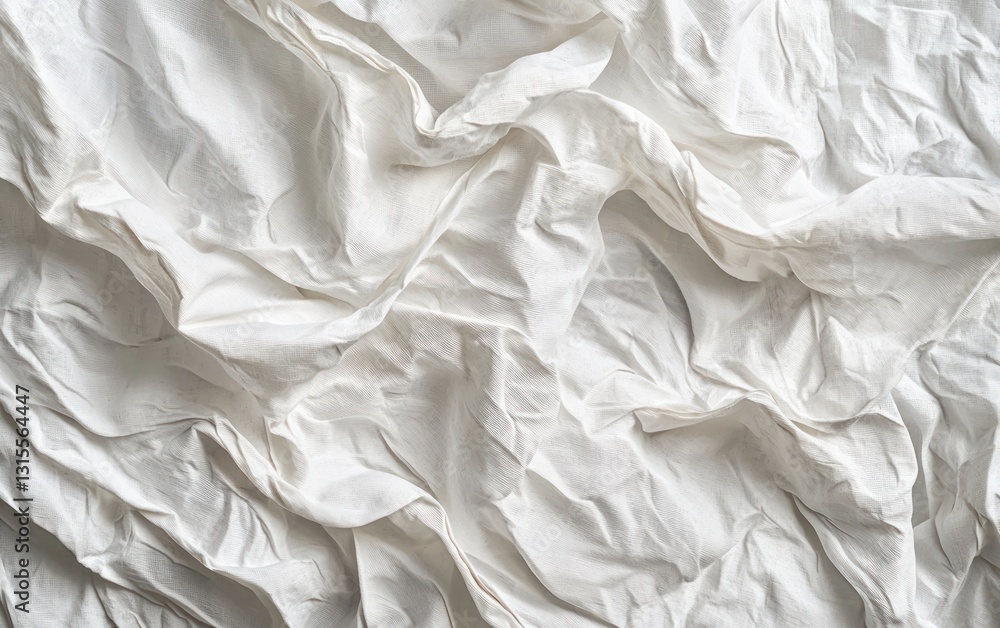Abstract close-up of crumpled white fabric with textured surface and soft lighting. The image shows the folds and creases in detail, creating a sense of depth and movement Abstract close-up of crumpled white fabric with textured surface and soft lighting. The image shows the folds and creases in detail, creating a sense of depth and movement