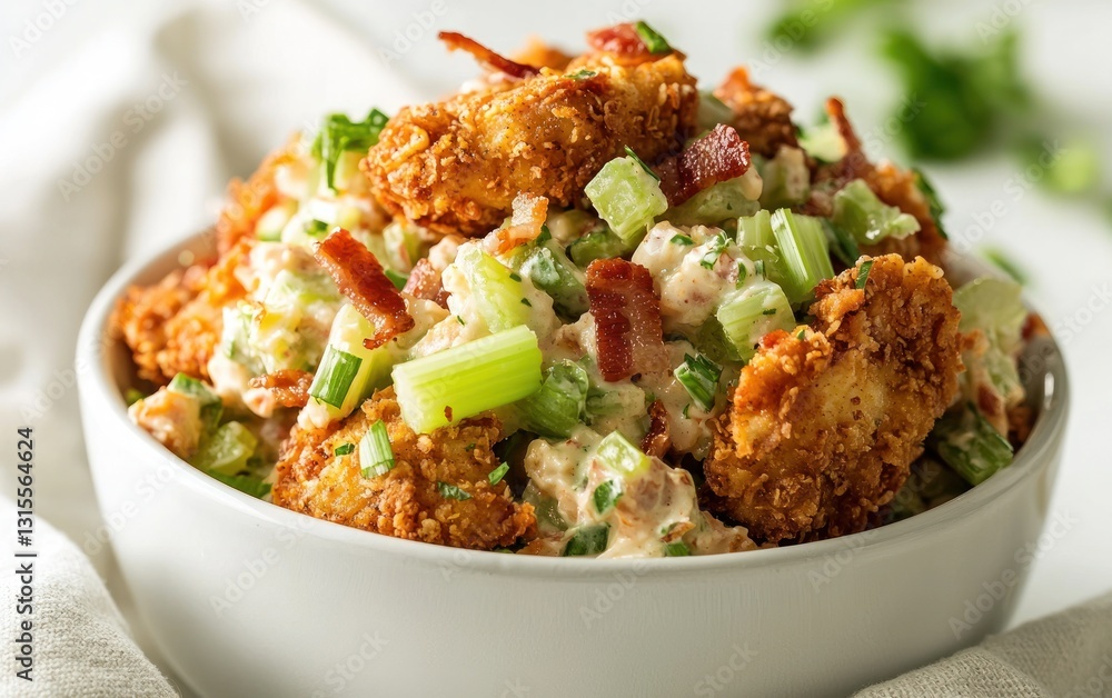 Crispy fried chicken salad with bacon and celery in a white bowl, close-up view. Bright lighting showcases the texture and color of the ingredients Crispy fried chicken salad with bacon and celery in a white bowl, close-up view. Bright lighting showcases the texture and color of the ingredients