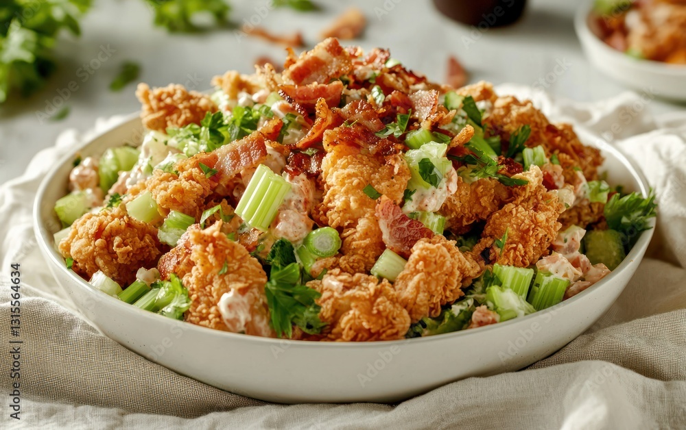 Crispy fried chicken salad with bacon and celery in a white bowl. Creamy dressing, green garnish, and bright lighting enhance the appetizing image Crispy fried chicken salad with bacon and celery in a white bowl. Creamy dressing, green garnish, and bright lighting enhance the appetizing image