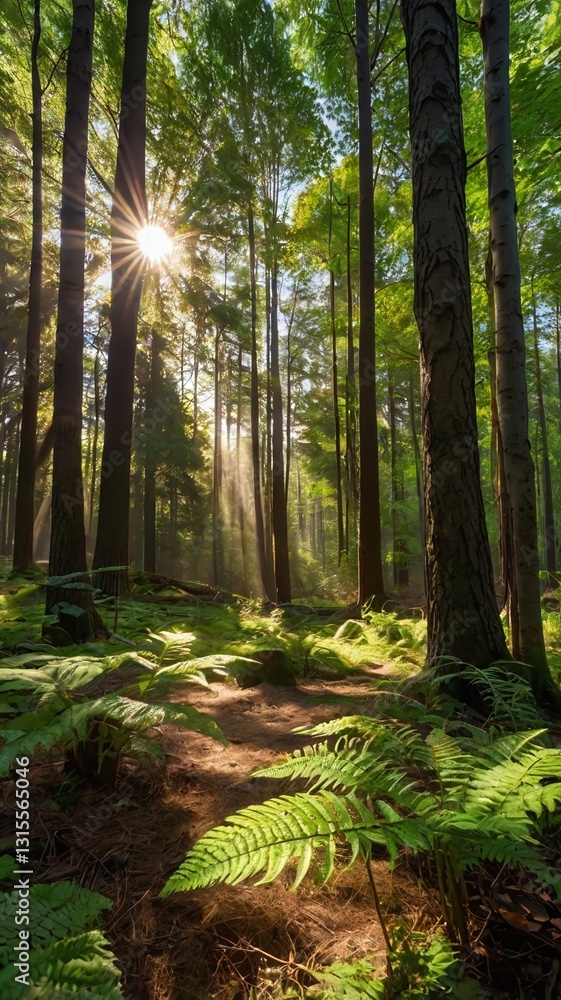 Fototapeta premium Forest with sunlight shining through trees. Sunlight creates beautiful shadows on ground. Forest is lush and green