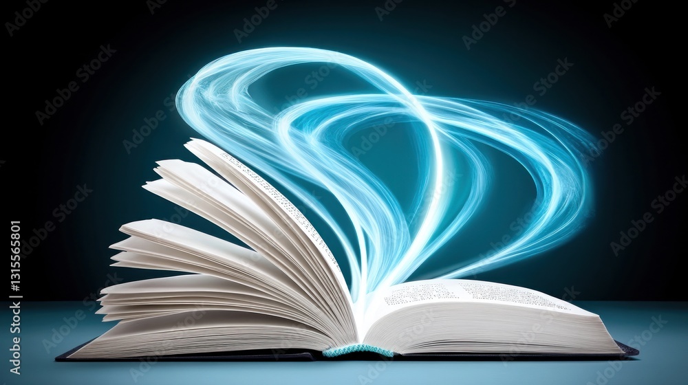 Fototapeta premium Book open, glowing light trails rising, knowledge transfer, learning concept, on dark background