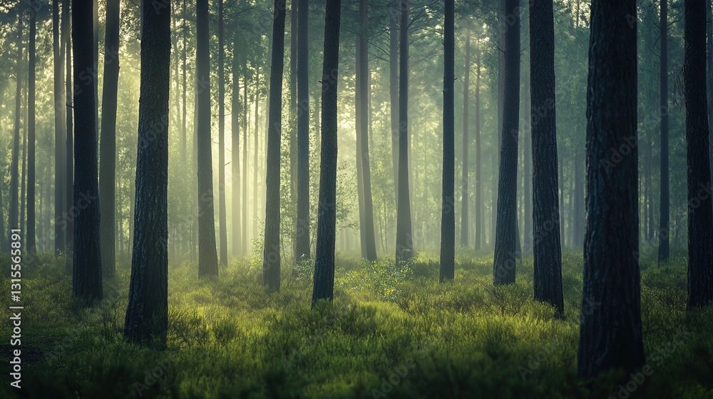 Obraz premium Tranquil forest bathed in soft sunlight, earthy tones blending harmoniously, evoking peace and natural serenity.