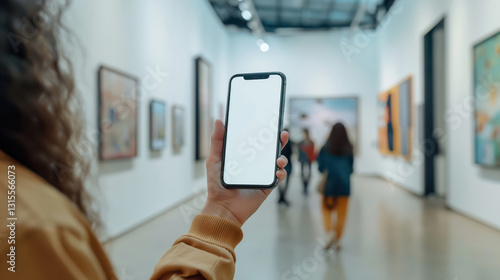 Blank phone screen focus in art gallery with diverse visitors, Mockup