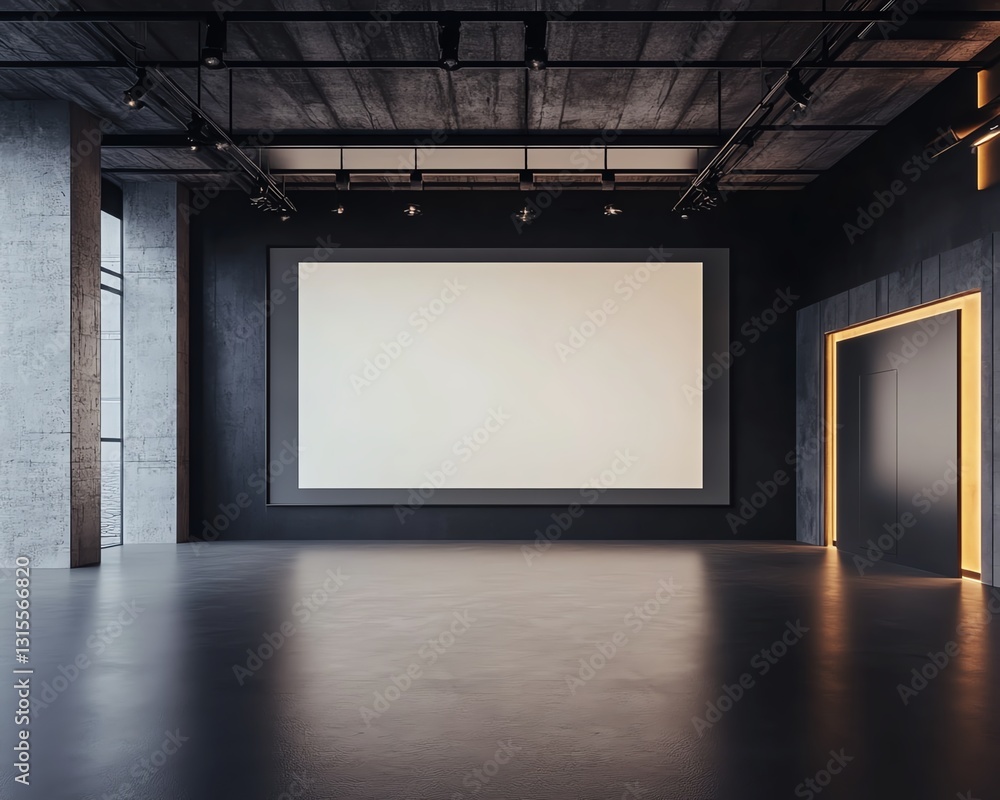 Modern Exhibition Space with Blank Screen on Dark Background 3D Rendering Modern Exhibition Space with Blank Screen on Dark Background 3D Rendering