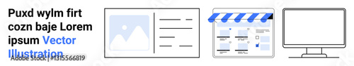 Text sample with placeholder, image gallery layout, online store interface with striped awning, computer monitor. Ideal for web design, digital marketing, e-commerce, content creation, online