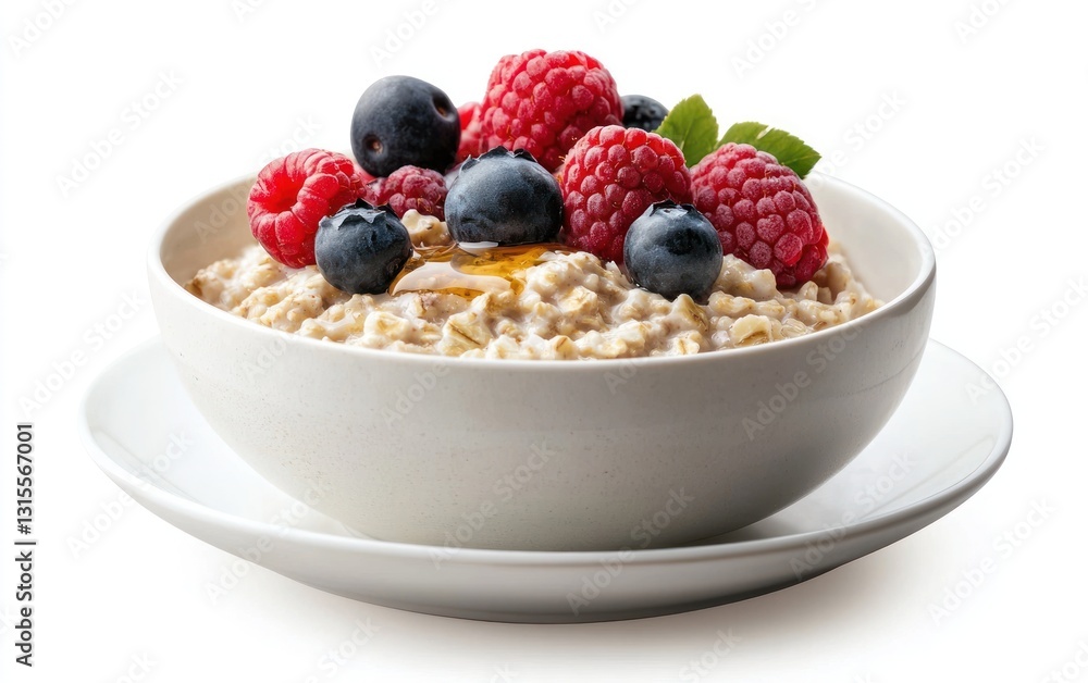 Creamy oatmeal topped with fresh raspberries and blueberries, drizzled with honey. Served in a white bowl on a saucer against a white background Creamy oatmeal topped with fresh raspberries and blueberries, drizzled with honey. Served in a white bowl on a saucer against a white background