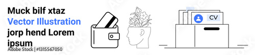 Wallet with cards, head with plant, filing cabinet with CVs. Ideal for financial management, personal growth, organization, job applications, office business human resources. Landing page