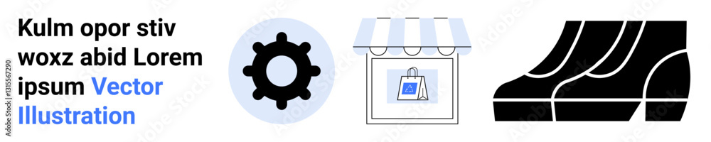 Gear cog, digital storefront, and abstract shoe graphics highlight e-commerce, customization, technical processes, retail, footwear marketing, technology integration and innovation. Ideal for flat Gear cog, digital storefront, and abstract shoe graphics highlight e-commerce, customization, technical processes, retail, footwear marketing, technology integration and innovation. Ideal for flat
