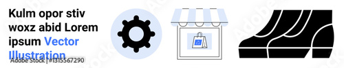 Gear cog, digital storefront, and abstract shoe graphics highlight e-commerce, customization, technical processes, retail, footwear marketing, technology integration and innovation. Ideal for flat