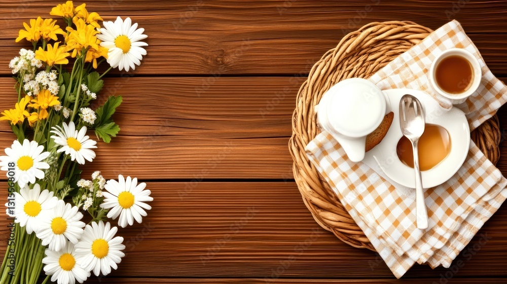 Breakfast setting. Tea and daisies on a rustic wooden table, for a homey feeling Breakfast setting. Tea and daisies on a rustic wooden table, for a homey feeling