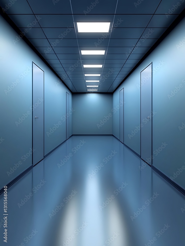 Enigmatic hallway with doors, illuminated by recessed linear lighting Enigmatic hallway with doors, illuminated by recessed linear lighting