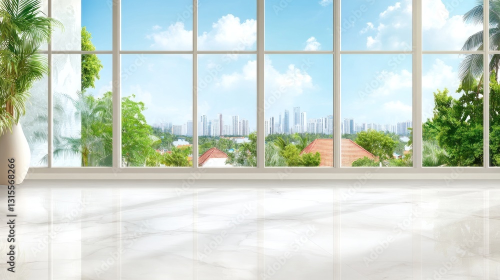 Bright airy room with a panoramic view of a cityscape. Mockup background for interior design Bright airy room with a panoramic view of a cityscape. Mockup background for interior design