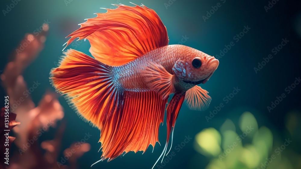 Close-up of a rare exotic tropical fish, intricate patterns on its fins, surrounded by softly swaying aquatic plants, ethereal lighting Close-up of a rare exotic tropical fish, intricate patterns on its fins, surrounded by softly swaying aquatic plants, ethereal lighting