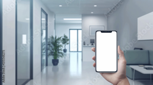Female hand holding smartphone with blank screen in modern office environment, Mockup