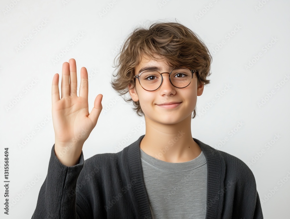 Teenage boy raising hand glasses school AI generated Teenage boy raising hand glasses school AI generated