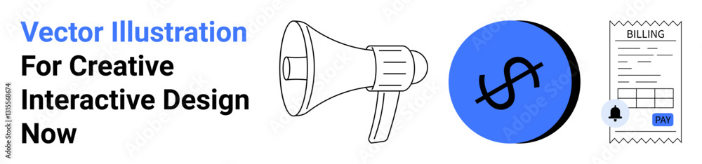 Megaphone representing announcements, dollar sign indicating financial growth, and an invoice for billing. Ideal for marketing, finance, advertising, communication, campaigns, business growth flat Megaphone representing announcements, dollar sign indicating financial growth, and an invoice for billing. Ideal for marketing, finance, advertising, communication, campaigns, business growth flat