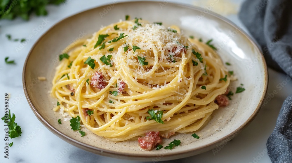 Deliciously Creamy Spaghetti Carbonara Served on a Chic Marble Surface Deliciously Creamy Spaghetti Carbonara Served on a Chic Marble Surface
