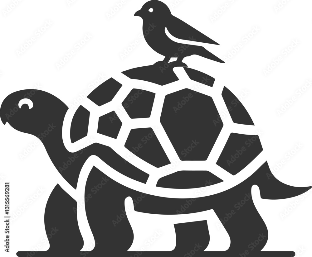 Obraz premium Tortoise with a small bird perched on its shell vector silhouette