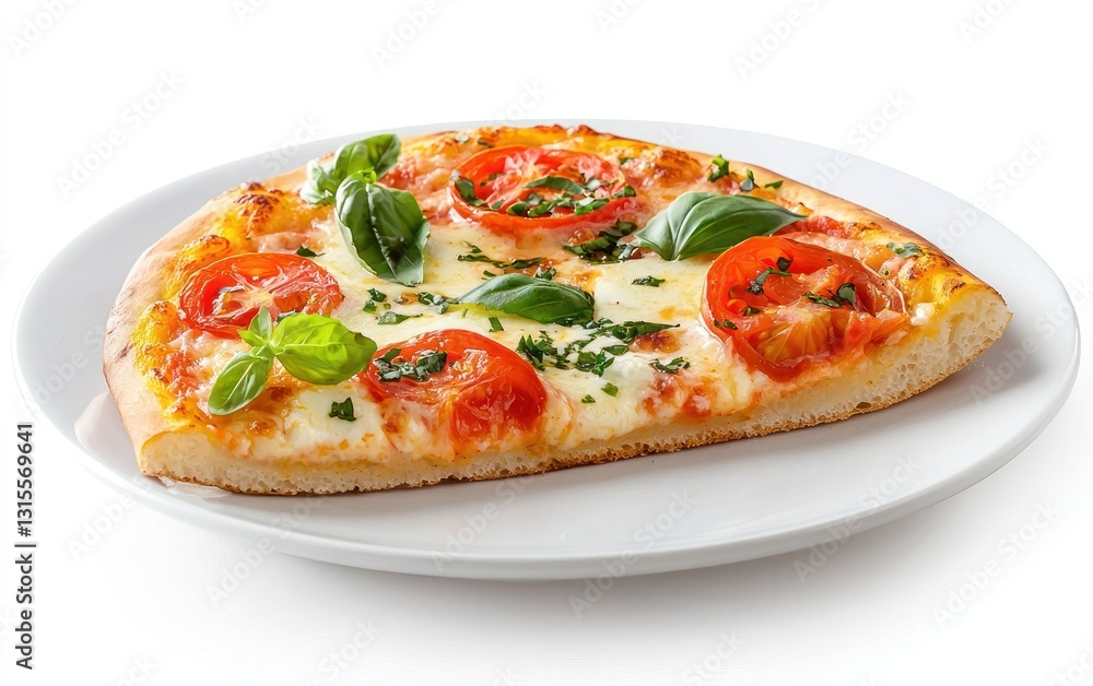 A slice of pizza with tomato, mozzarella, and basil on a white plate against a white background A slice of pizza with tomato, mozzarella, and basil on a white plate against a white background