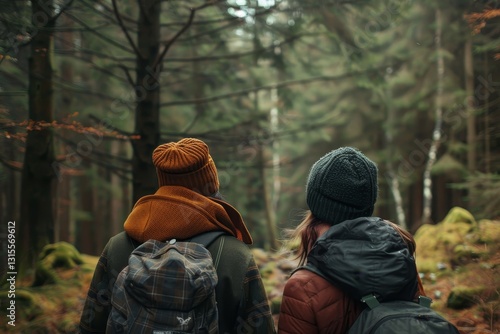 Wallpaper Mural Two friends hike through a dense, mysterious forest on a cold winter day, Friends exploring a mysterious forest together Torontodigital.ca