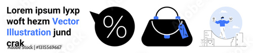 Percentage icon, handbag with discount tag, and cheerful shopper jumping near buildings. Ideal for retail, fashion, promotion, e-commerce, sale announcement marketing shopping spree. Flat landing