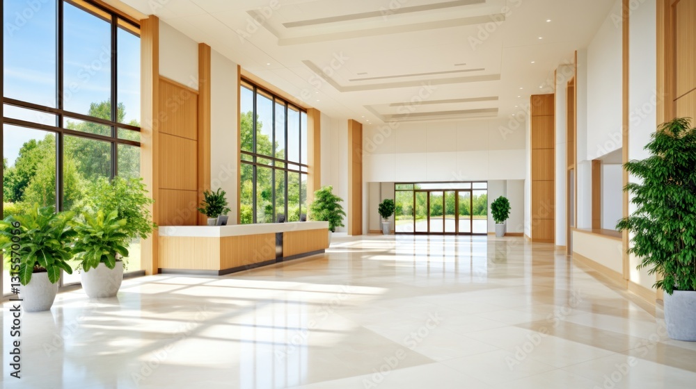 Fototapeta premium Bright lobby with plants and sunlight. Interior is luxurious with trees visible. Use for inspiration