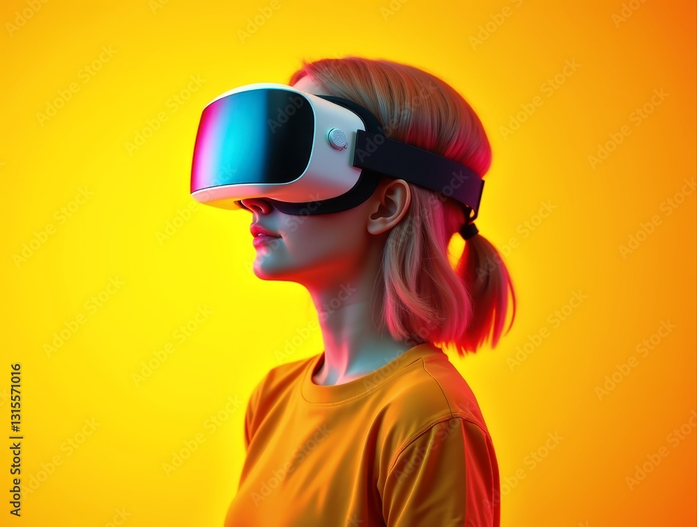 Woman wearing virtual reality headset exploring metaverse on vibrant yellow background Woman wearing virtual reality headset exploring metaverse on vibrant yellow background