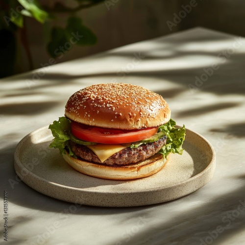 Wallpaper Mural Delicious cheeseburger on plate with fresh lettuce and tomato in sunlit kitchen Torontodigital.ca
