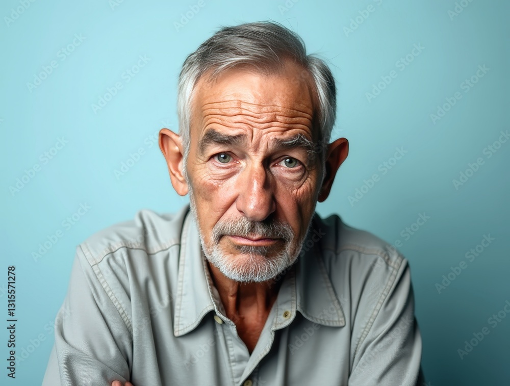 Obraz premium Senior man expressing disappointment with sad eyes and slumped shoulders on blue background