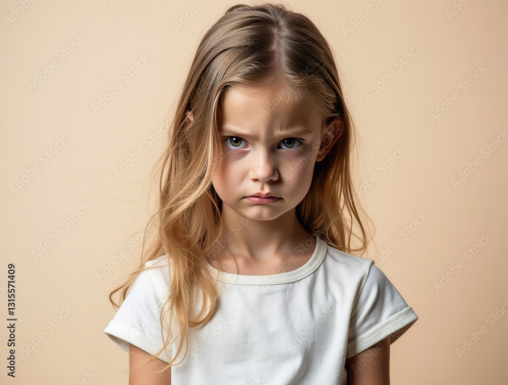 Portrait of sad little girl frowning with disappointment on beige background Portrait of sad little girl frowning with disappointment on beige background