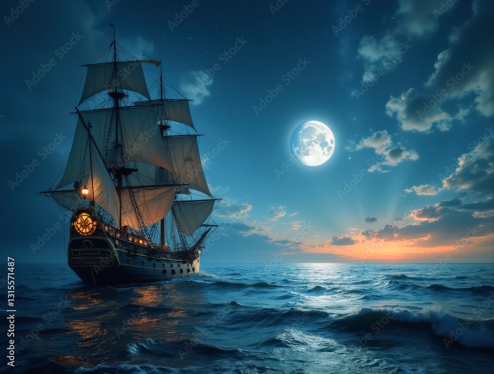 Old sailing ship navigating ocean at night under full moon Old sailing ship navigating ocean at night under full moon