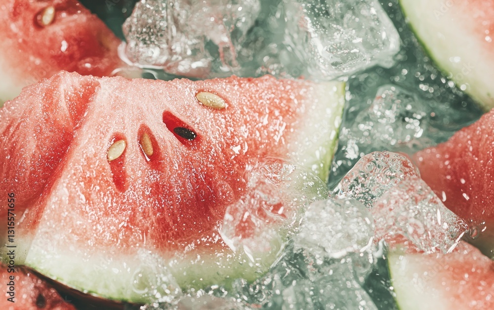 Fototapeta premium Close-up of juicy watermelon slices nestled in ice cubes. Red flesh glistens, seeds visible. Cool, refreshing summer image