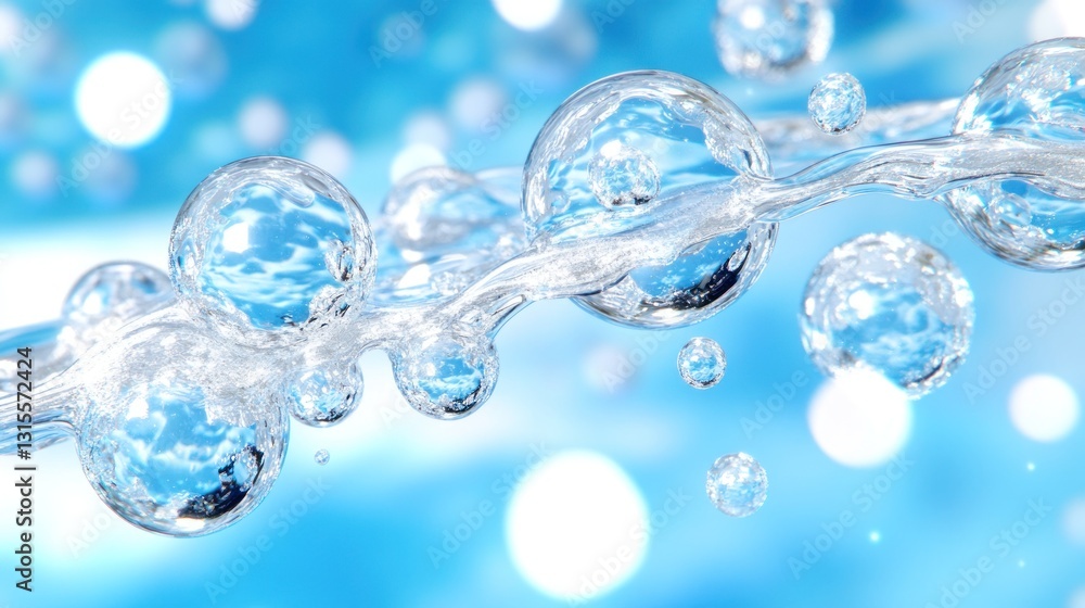 Bubbles cling to flowing water against a blue bokeh backdrop, ideal for ads Bubbles cling to flowing water against a blue bokeh backdrop, ideal for ads