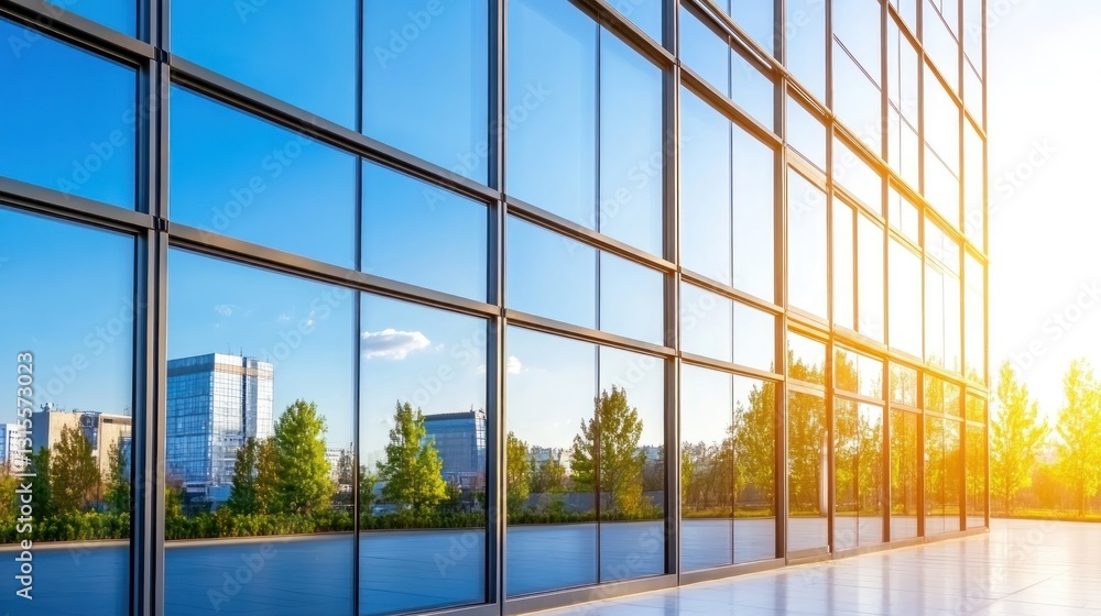 Naklejka premium Building Facade Reflecting Sunny Cityscape