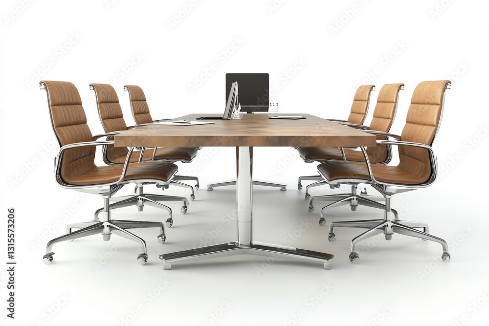 Stylish conference table with six chairs, overhead lighting, minimalistic design, white background, concept of modern office layout 3D Rendering Stylish conference table with six chairs, overhead lighting, minimalistic design, white background, concept of modern office layout 3D Rendering