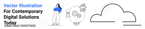 Woman holding a phone while analyzing cloud services, with icons of a house, gears, and connections. Ideal for tech innovation, digital transformation, remote work, IT support, cloud computing
