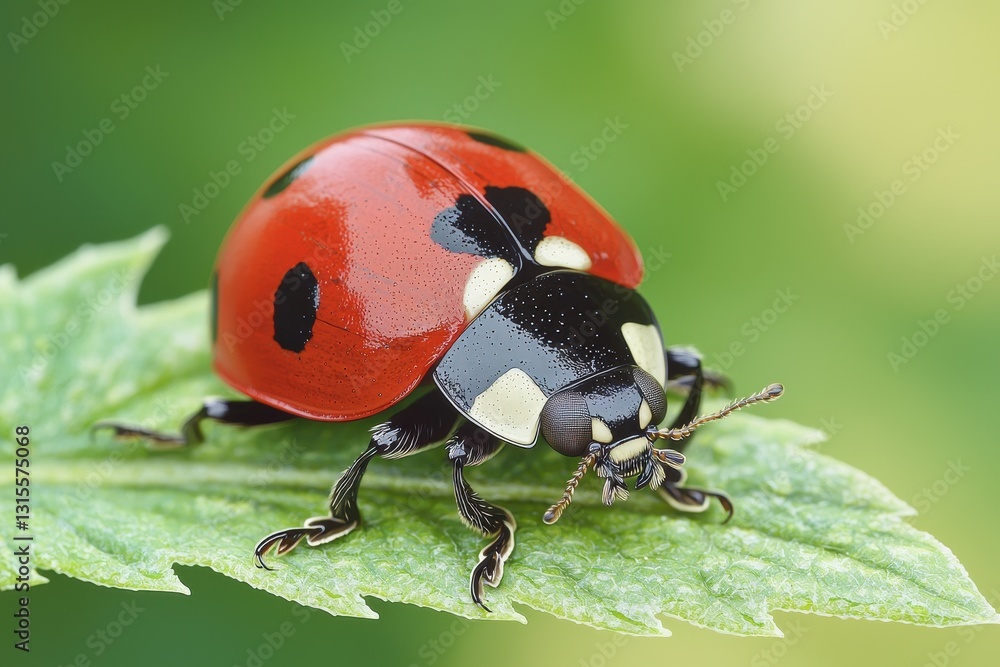 Fototapeta premium A vibrant ladybug perched on a green leaf, showcasing its distinct red body with black spots against a blurred natural background.