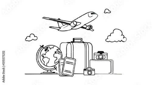 Coloring page with the image of Airport travel with luggage and airplane in the background