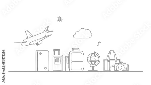 Coloring page with the image of Airport travel with luggage and airplane in the background