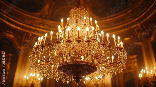 Ornate chandelier in grand ballroom with glowing candles