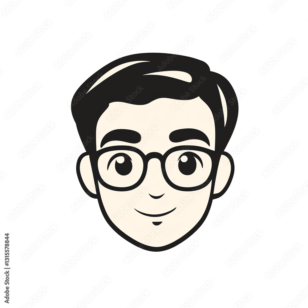 Cartoon Face with Glasses Smiling and Looking Forward on Black Background Cartoon Face with Glasses Smiling and Looking Forward on Black Background