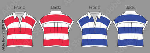 Vector short sleeved T-Shirt fashion CAD, woman polo neck dropped shoulder top technical drawing, template, flat, sketch. Striped jersey or woven fabric tee with front, back view, white color
