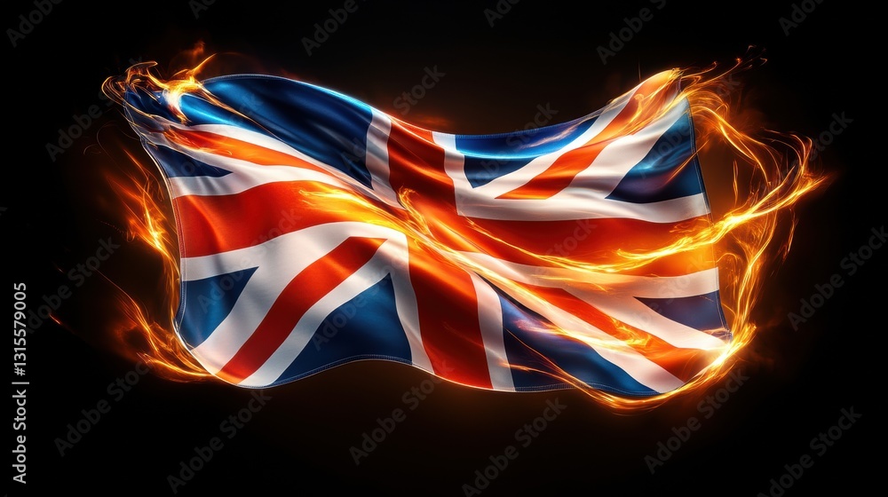 Fototapeta premium Fiery Flag: United Kingdom Emblem with Flames