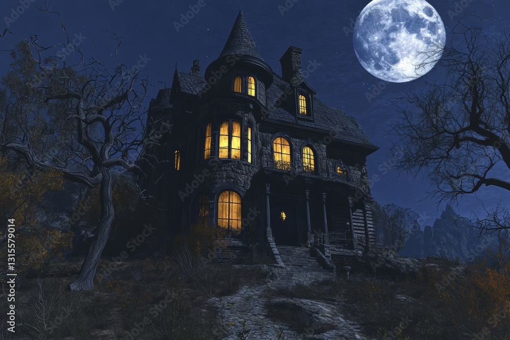 haunted house on a hill, with twisted trees, glowing windows, and a full moon in the background, creating a chilling Halloween night scene haunted house on a hill, with twisted trees, glowing windows, and a full moon in the background, creating a chilling Halloween night scene