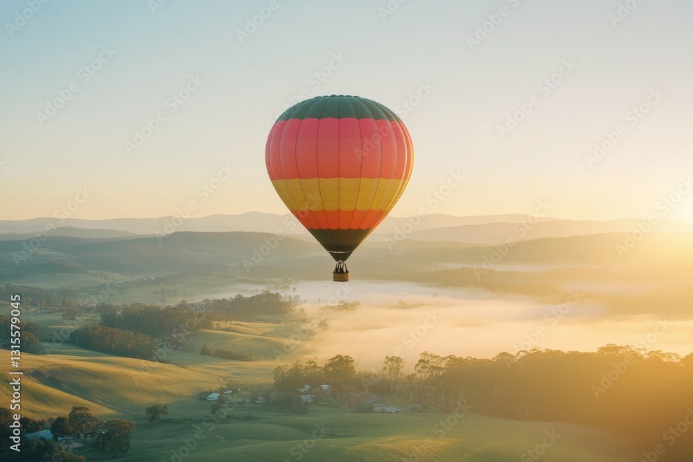 Fototapeta premium hot air balloon rising over a scenic landscape at sunrise or at sunset, minimal background with copy space, traveling adventure, travel agency banner 